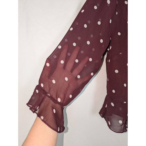 Mandee Blouse M Women's Purple Polka Dot Vneck Tie Front Sheer Ruffles Girly - Picture 3 of 6
